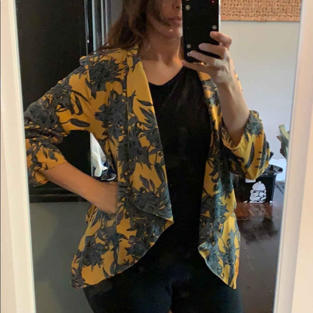Yellow grey and black patterned blazer cardigan